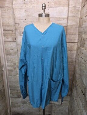 Unisex Blue Long Sleeve Scrub TopTeal Scrub Button-Front Shirt with Patch Pocket